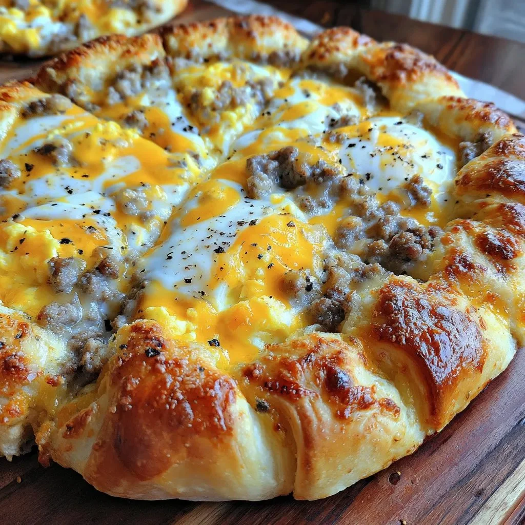 Sausage gravy breakfast pizza with golden crust and toppings