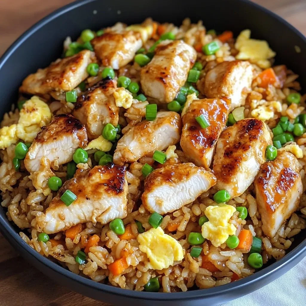 Plate of Bang Bang Chicken Fried Rice garnished with herbs