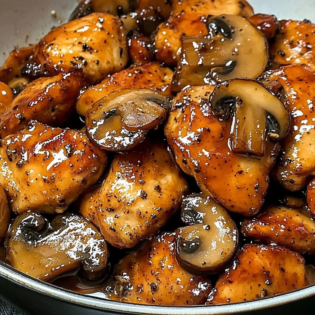 Delicious Black Pepper Chicken with Mushrooms served in a bowl