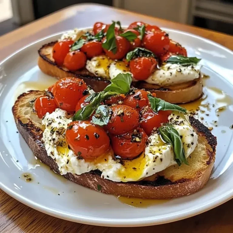 Delicious burrata bruschetta topped with fresh basil on toasted bread