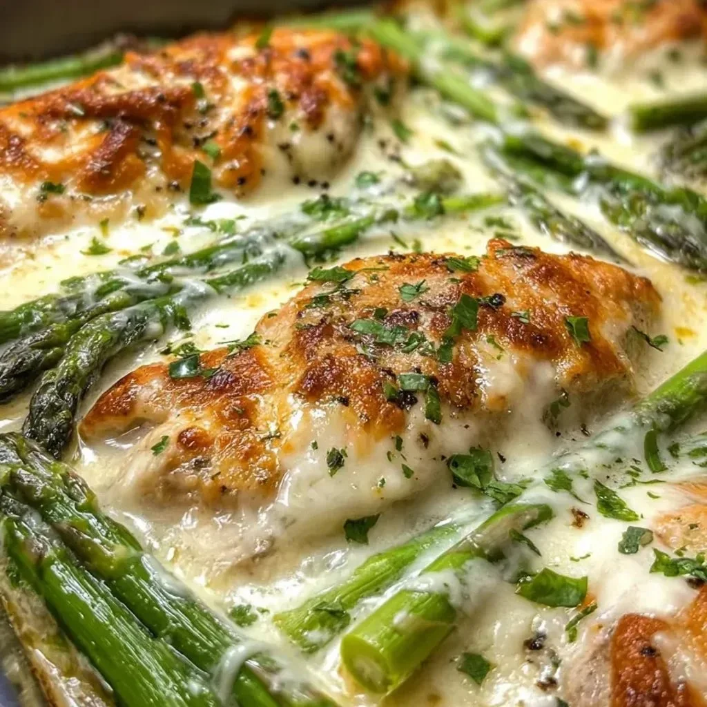 Plated Caesar Chicken with Asparagus garnished with Parmesan cheese.