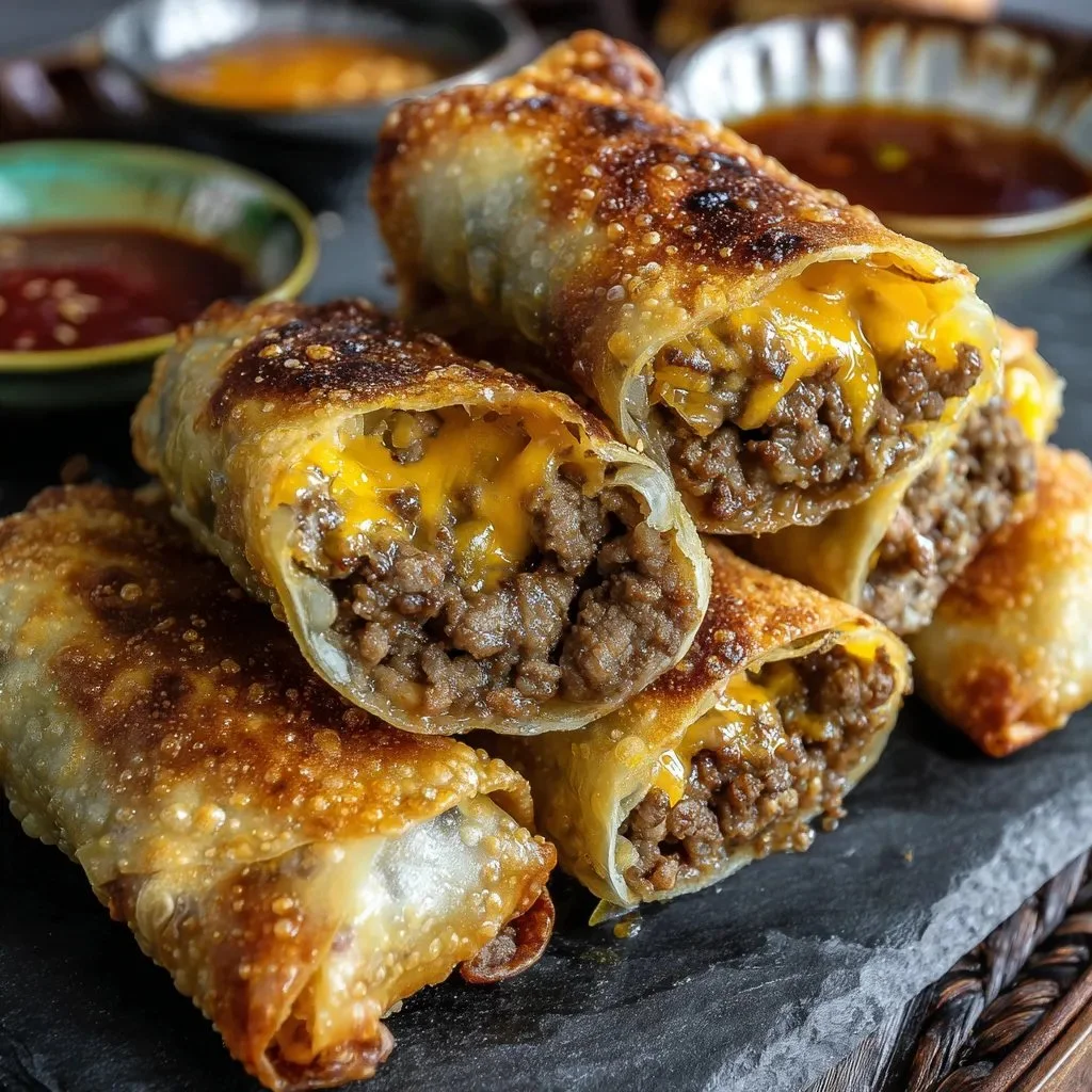 Delicious cheeseburger egg rolls filled with seasoned beef and cheese