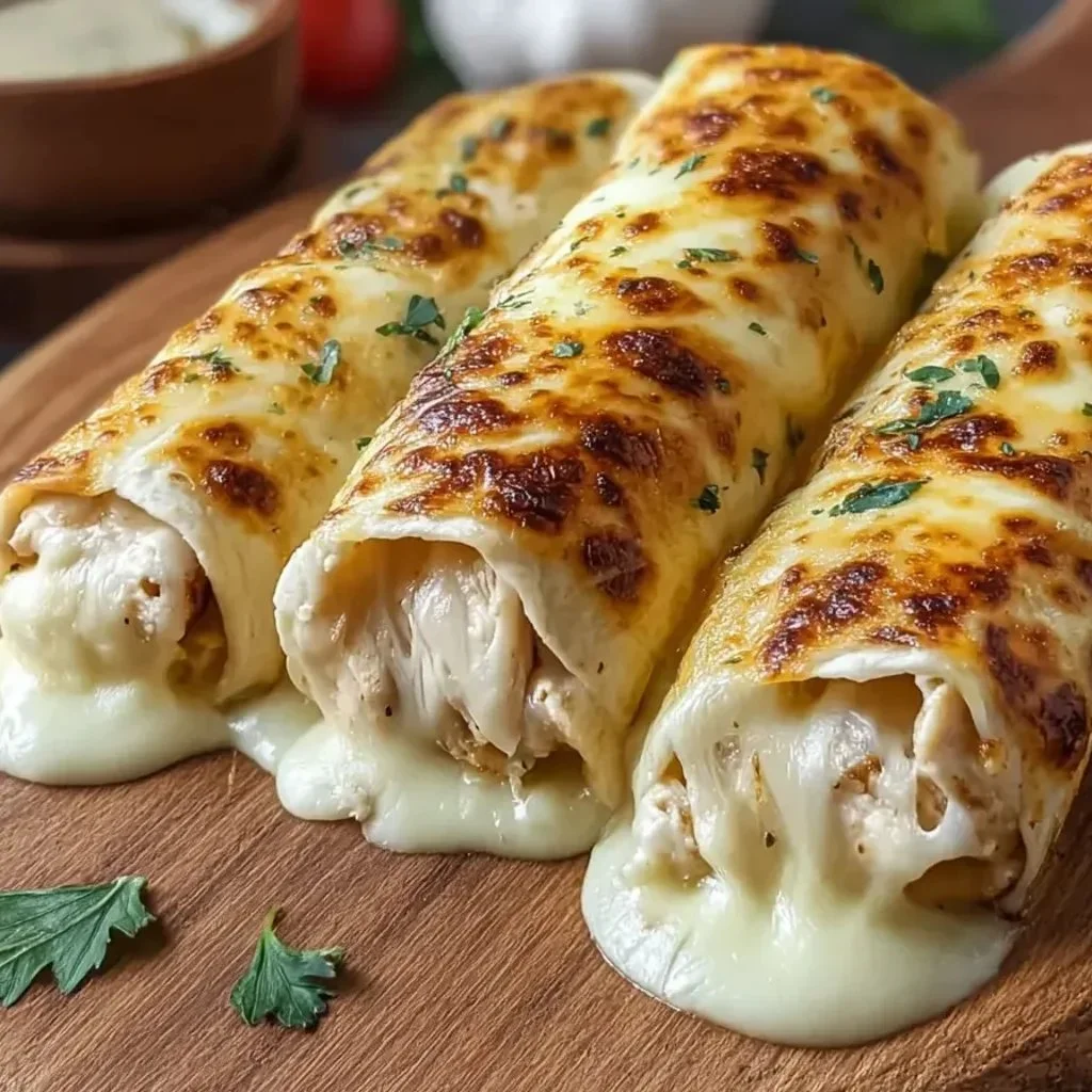 Delicious cheesy garlic chicken wraps ready to serve for a tasty meal.