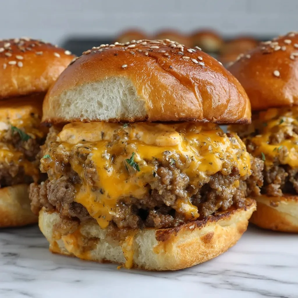 Delicious cheesy ground beef sliders served on a platter.