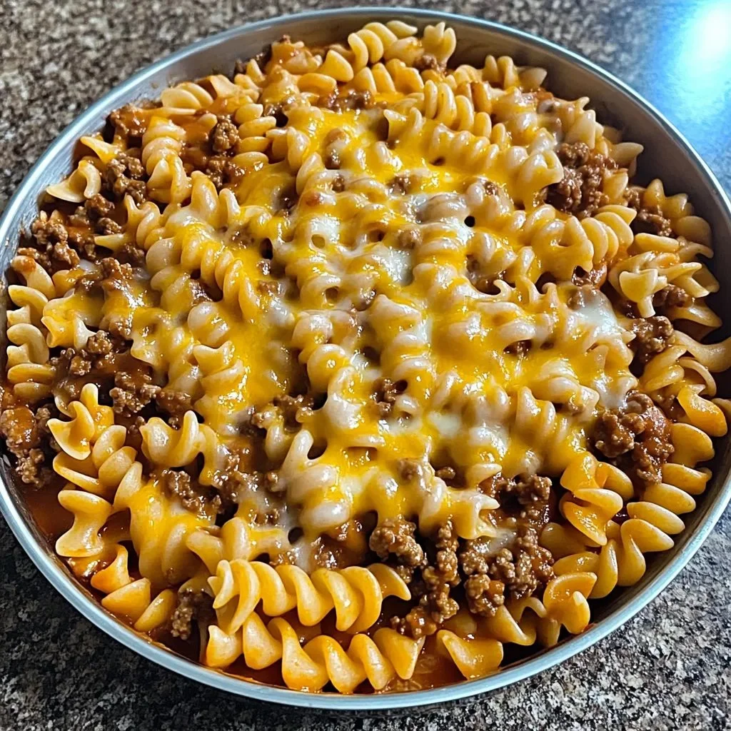 Cheesy sloppy cheeseburger pasta bowl with ground beef and cheese sauce.
