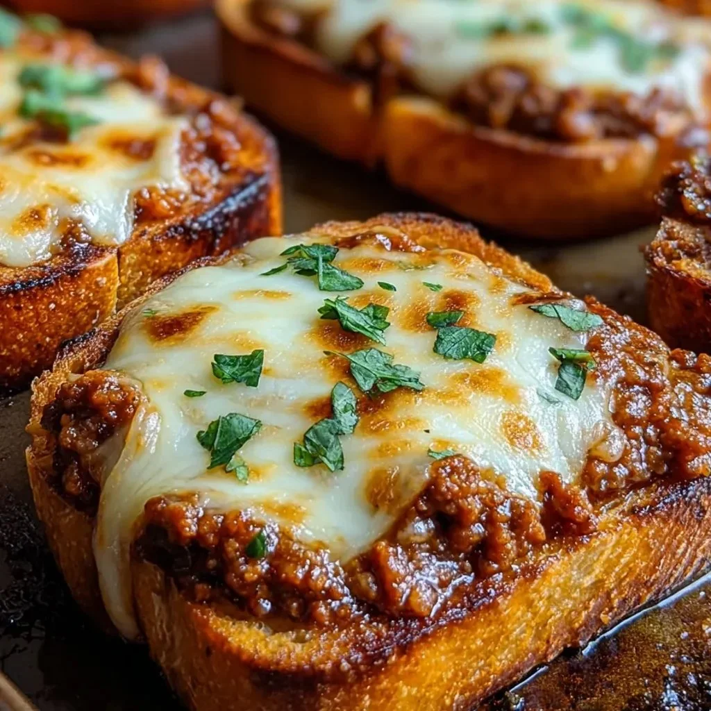 Cheesy Sloppy Joe Toast dish served on a plate with a sprinkle of parsley