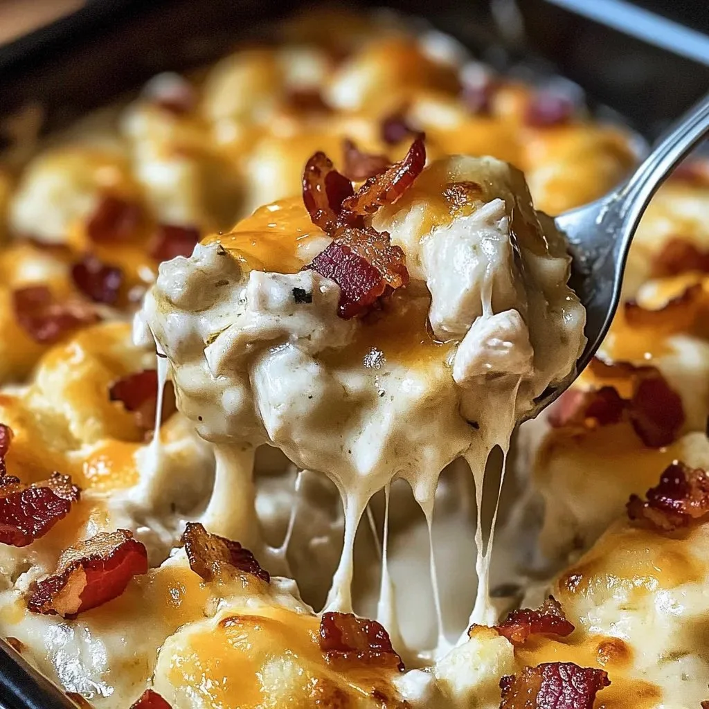 Delicious Chicken Bacon Crunch Casserole served in a baking dish