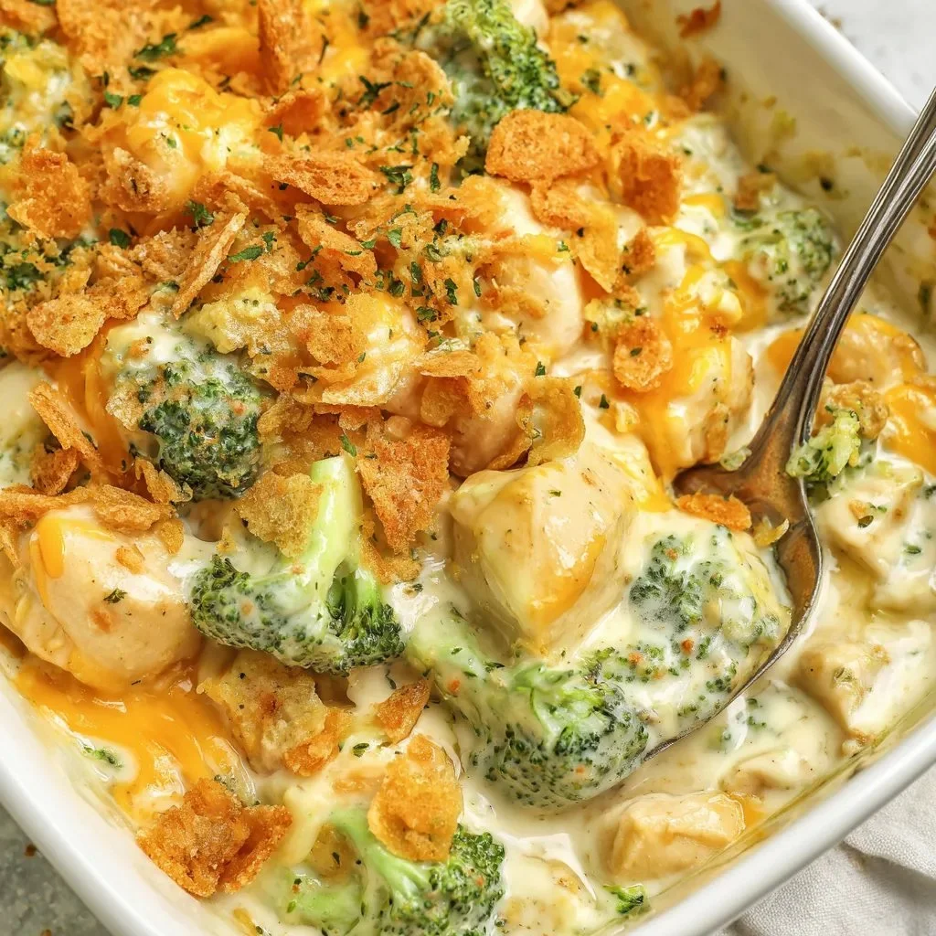Delicious Chicken Divan casserole topped with cheese and broccoli.