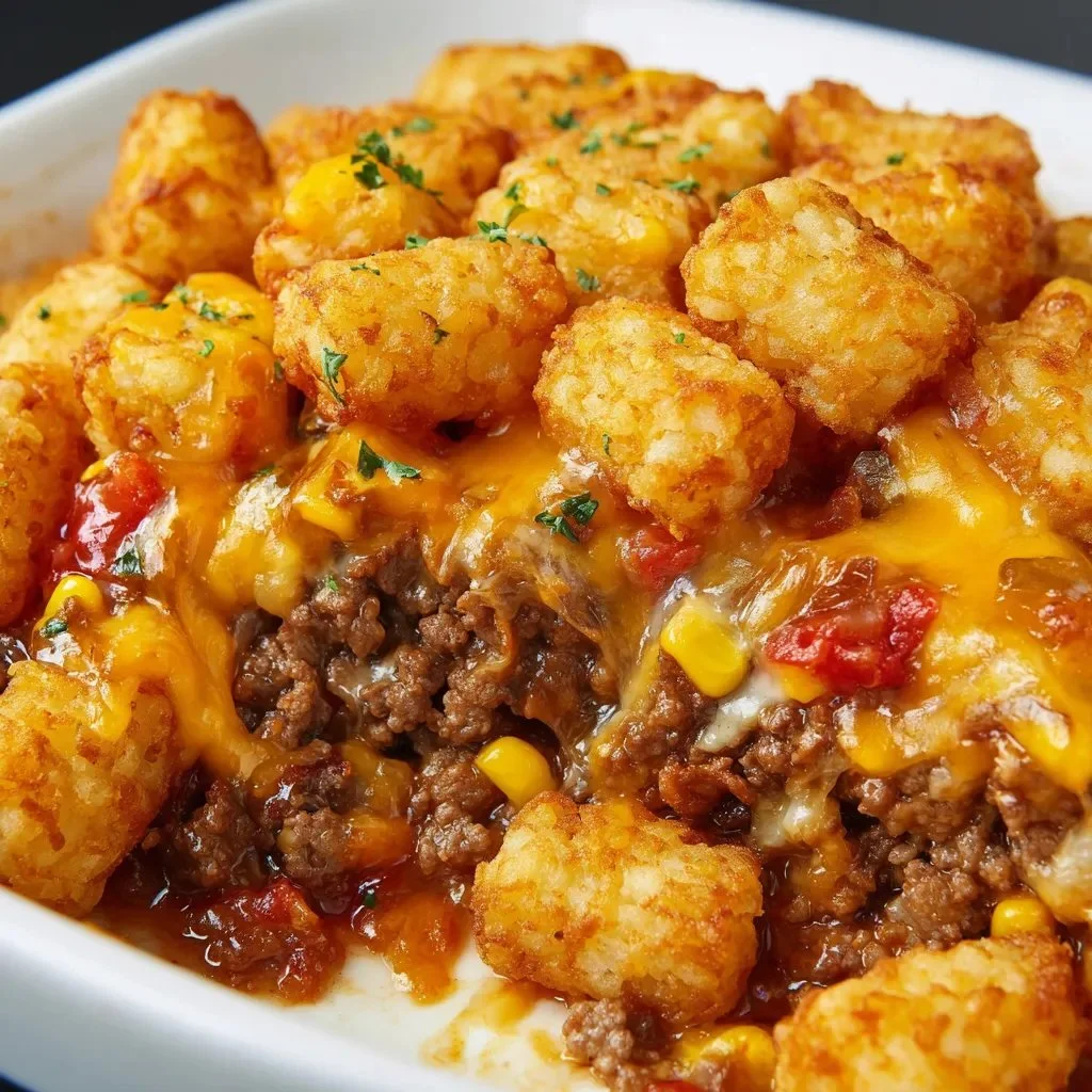 Delicious Cowboy Casserole with cheesy toppings and ground beef ingredients