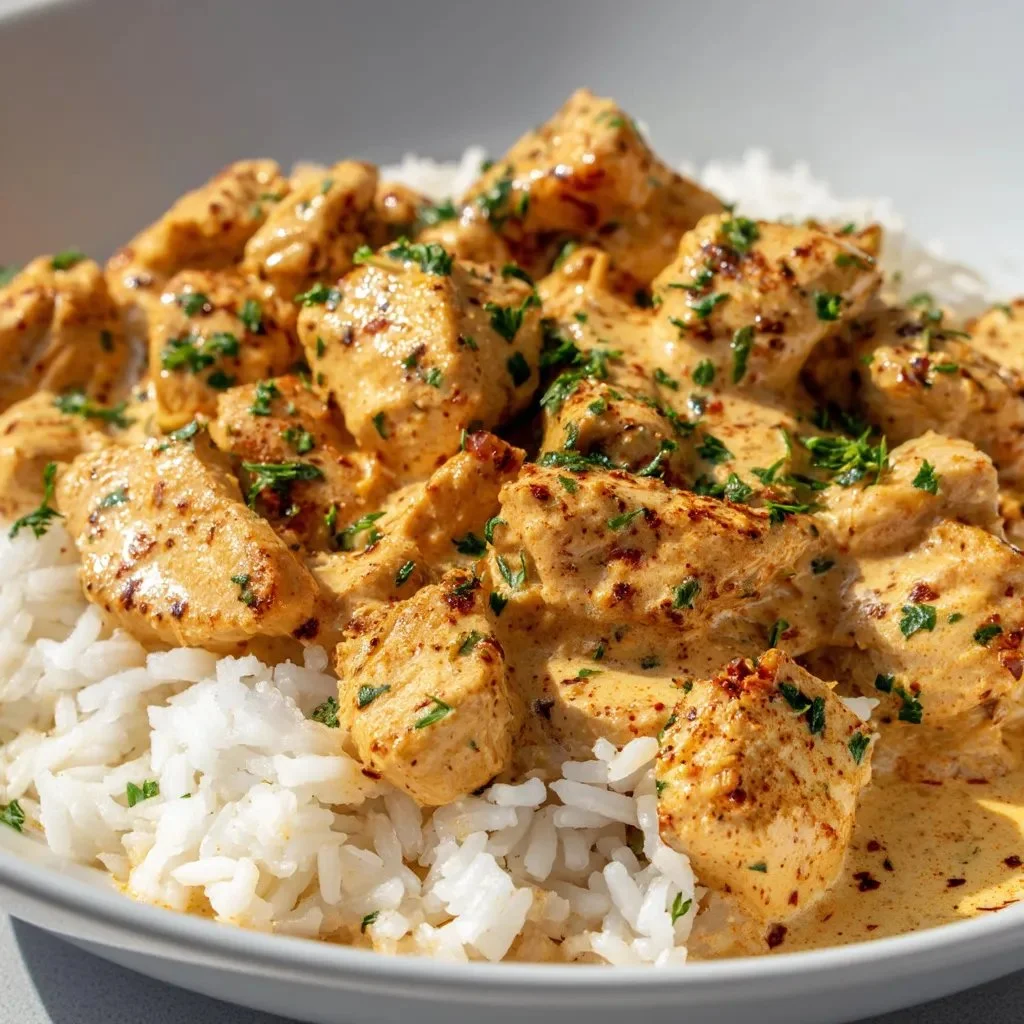 Delicious creamy smothered chicken served with rice for a comforting meal.