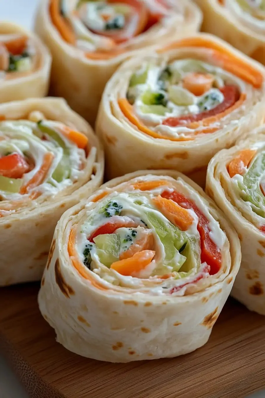 Freshly made vegetable tortilla roll ups filled with colorful veggies