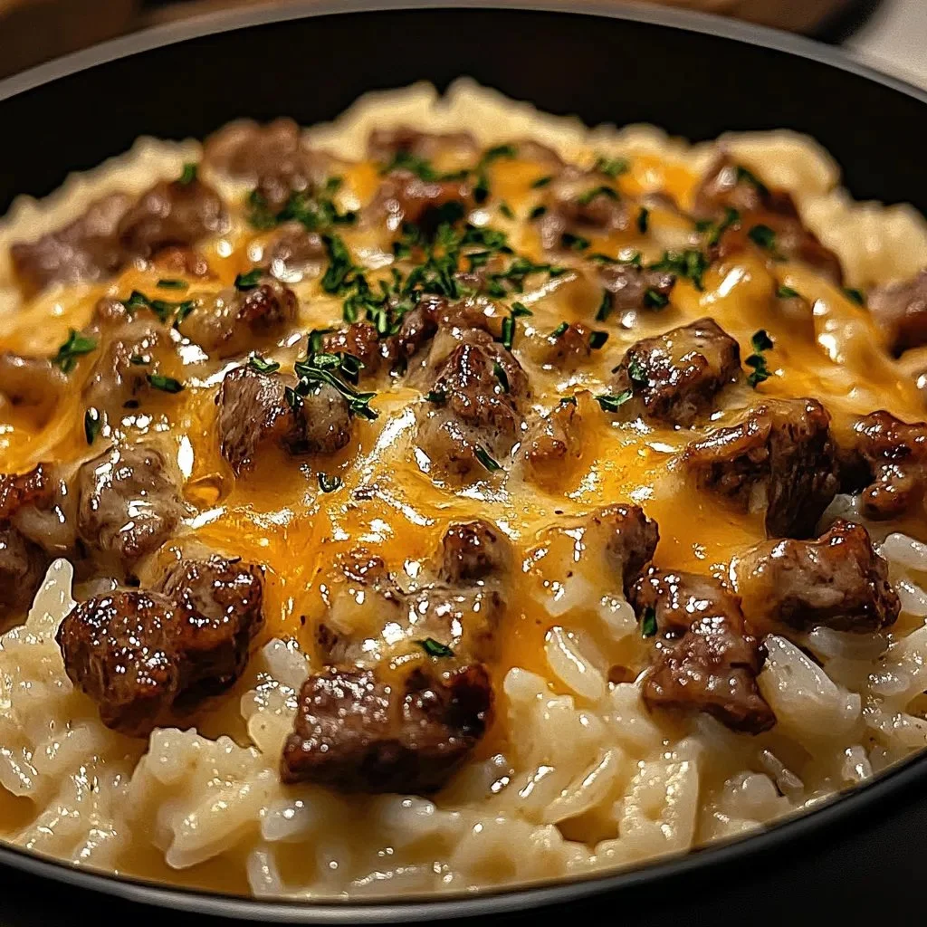Delicious Garlic Butter Beef served with rice on a plate.
