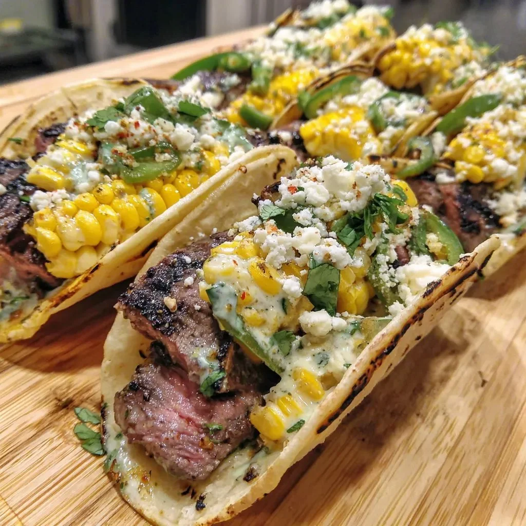 Delicious grilled corn on the cob steak tacos served on a plate