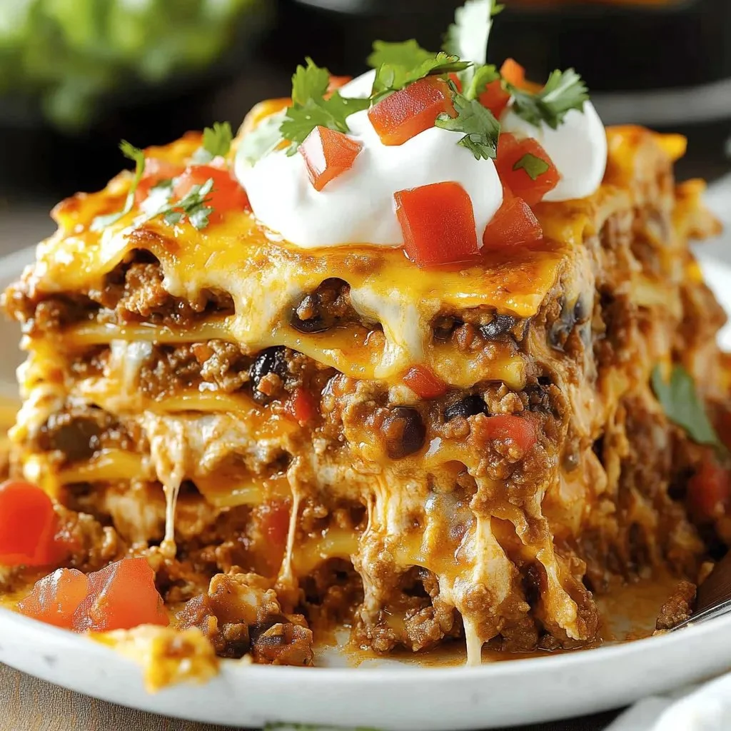 Layers of Mexican lasagna casserole topped with cheese and fresh ingredients
