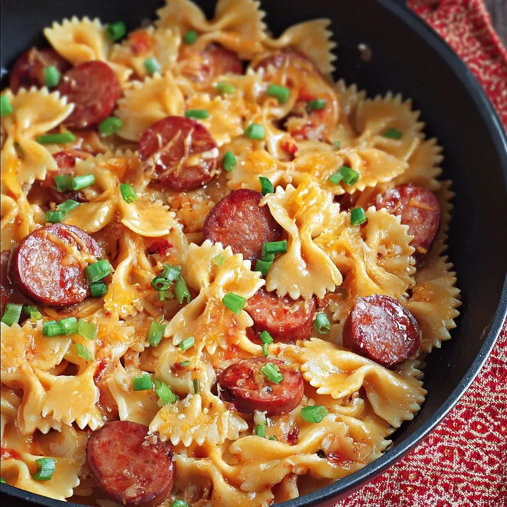 One Pot Kielbasa Pasta dish served in a bowl with garnishes.