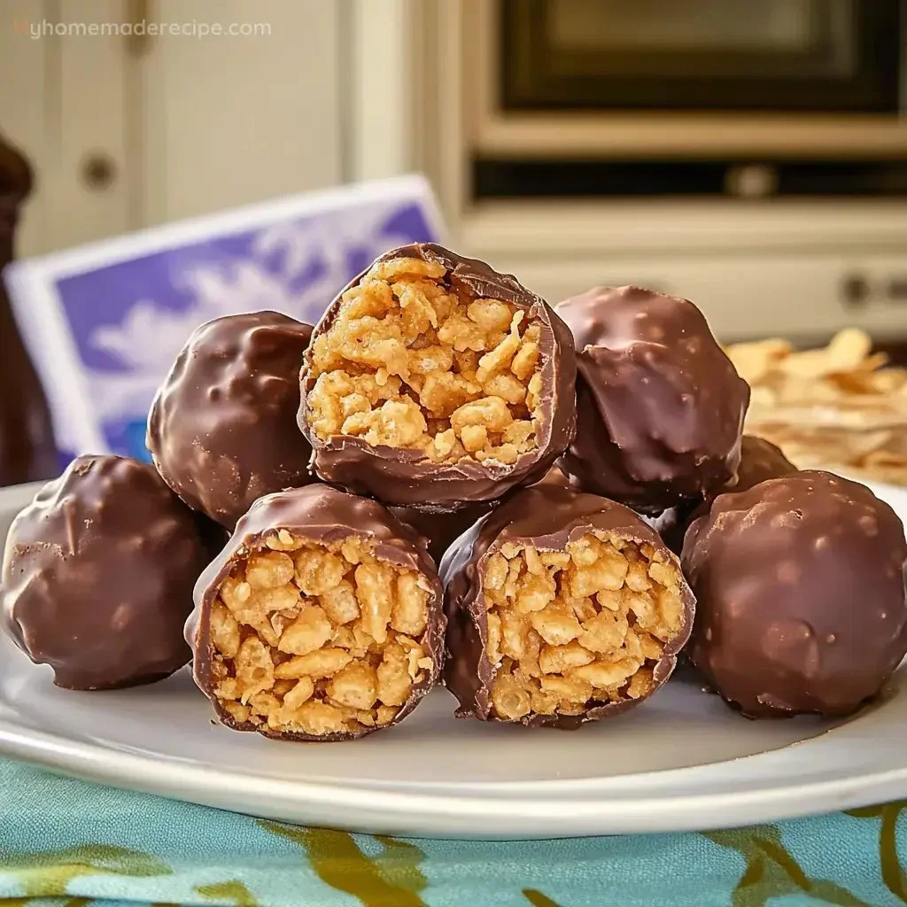 Delicious peanut butter balls with Rice Krispies sprinkled on top