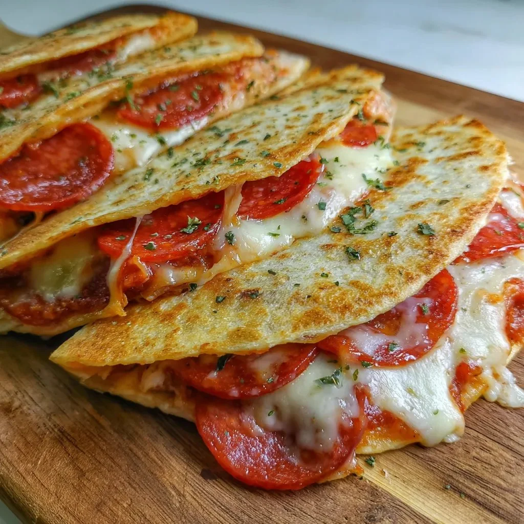 Delicious Pepperoni Pizza Quesadillas topped with cheese and pepperoni slices