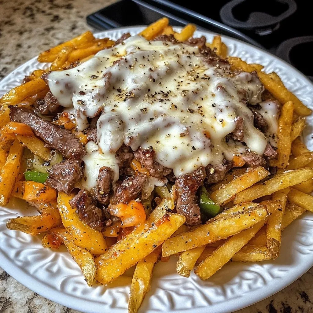 Delicious plate of Philly Steak Cheese Fries topped with melted cheese and steak