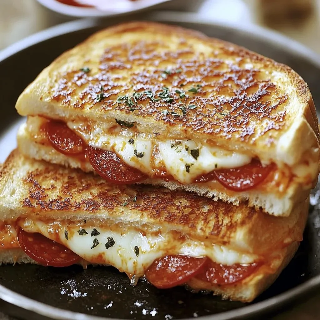 Savory pizza grilled cheese sandwich with melted cheese and pizza toppings
