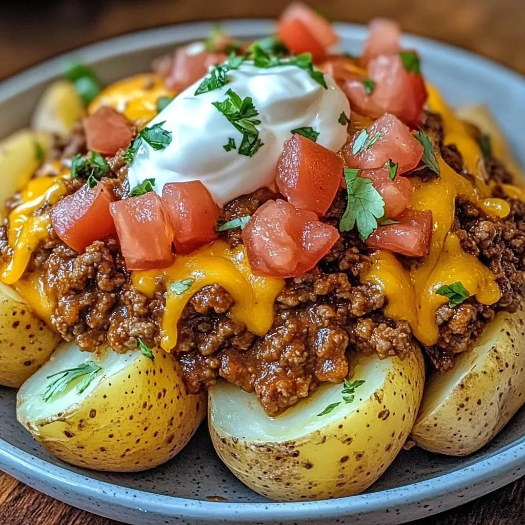 Delicious Taco Loaded Baked Potatoes topped with cheese, salsa, and toppings